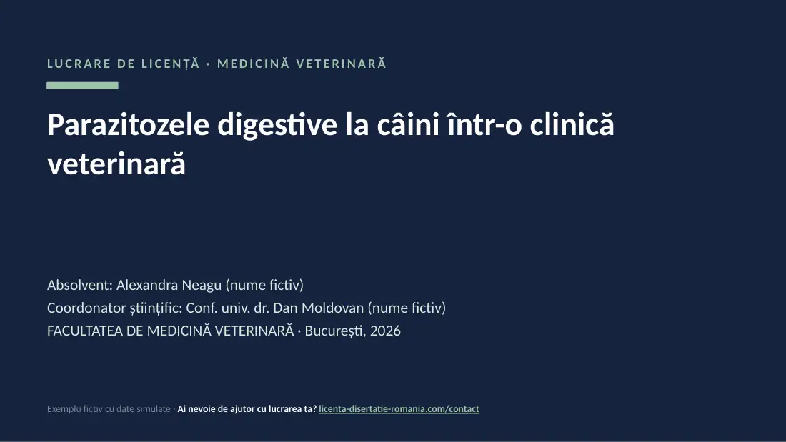 Slide de titlu din exemplul de prezentare de licență la Medicină Veterinară: Parazitozele digestive la câini într-o clinică veterinară