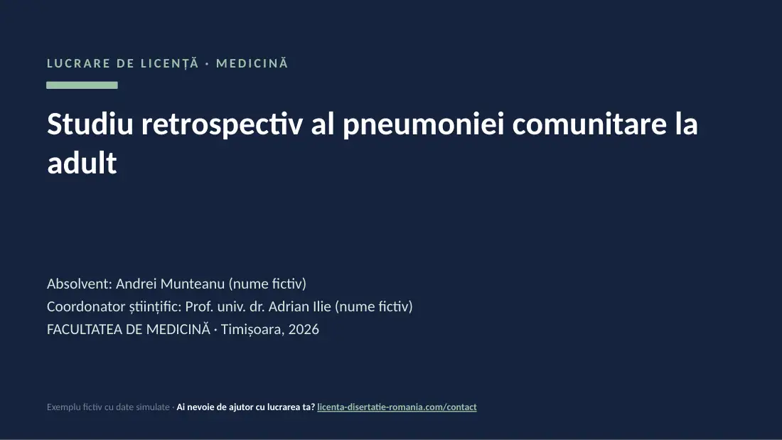 Slide de titlu din exemplul de prezentare de licență la Medicină: Studiu retrospectiv al pneumoniei comunitare la adult