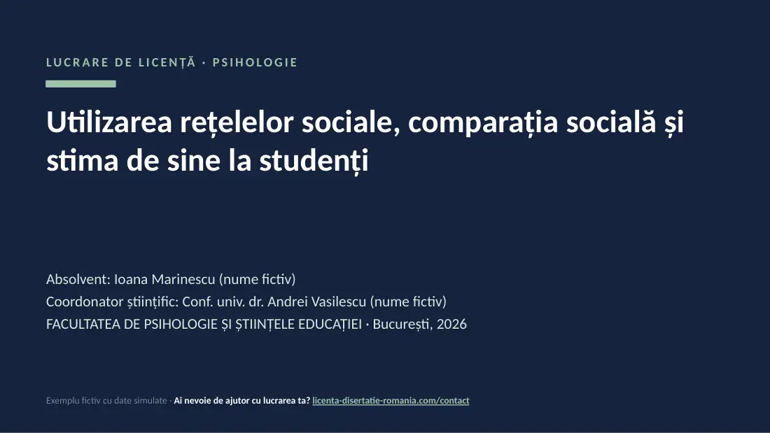 Slide de titlu din exemplul de prezentare de licență la Psihologie: Utilizarea rețelelor sociale, comparația socială și stima de sine la studenți