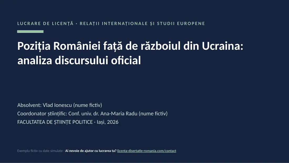 Slide de titlu din exemplul de prezentare de licență la Relații Internaționale: Poziția României față de războiul din Ucraina: analiza discursului oficial