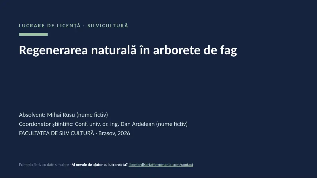 Slide de titlu din exemplul de prezentare de licență la Silvicultură: Regenerarea naturală în arborete de fag