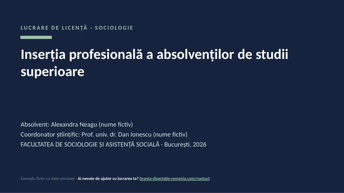 Slide de titlu din exemplul de prezentare de licență la Sociologie: Inserția profesională a absolvenților de studii superioare
