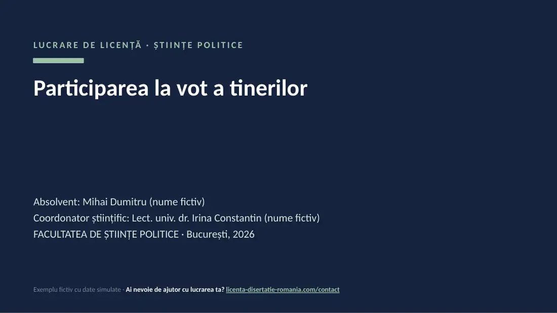 Slide de titlu din exemplul de prezentare de licență la Științe Politice: Participarea la vot a tinerilor