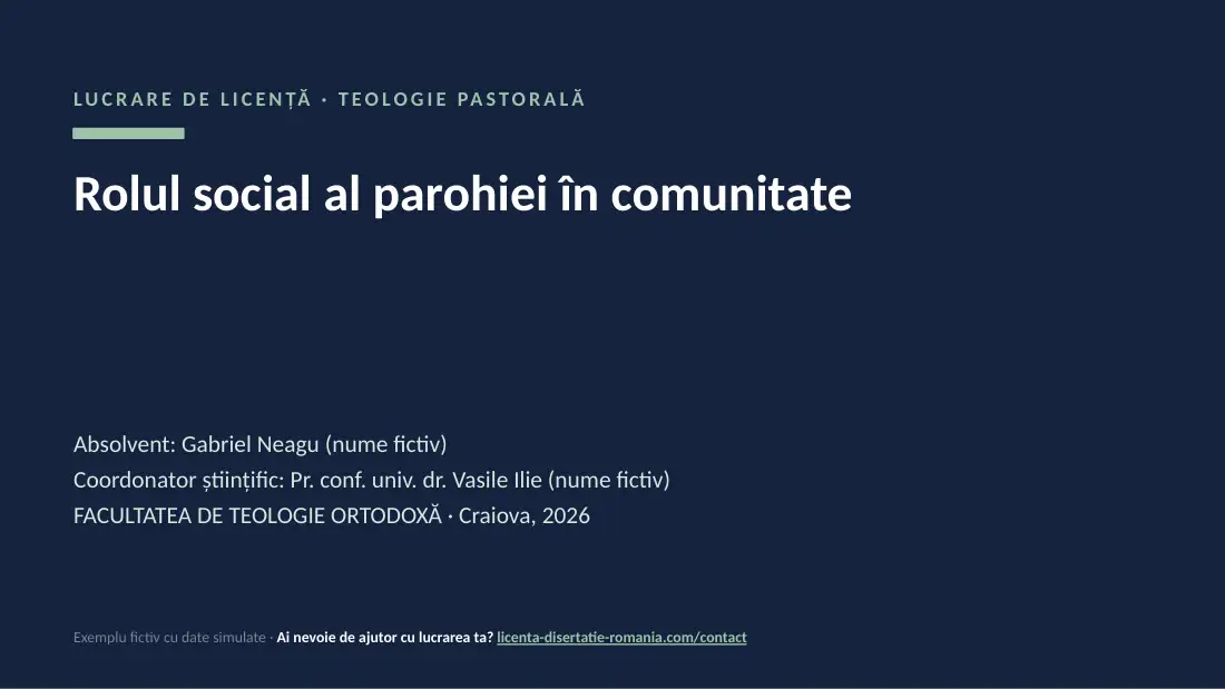 Slide de titlu din exemplul de prezentare de licență la Teologie: Rolul social al parohiei în comunitate