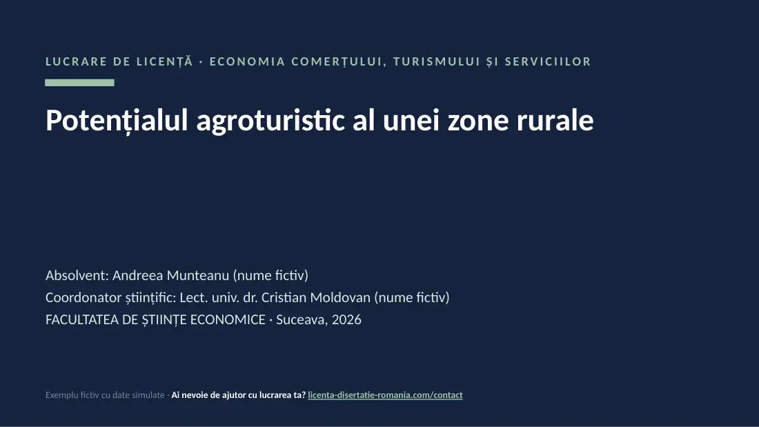 Slide de titlu din exemplul de prezentare de licență la Turism și Servicii: Potențialul agroturistic al unei zone rurale