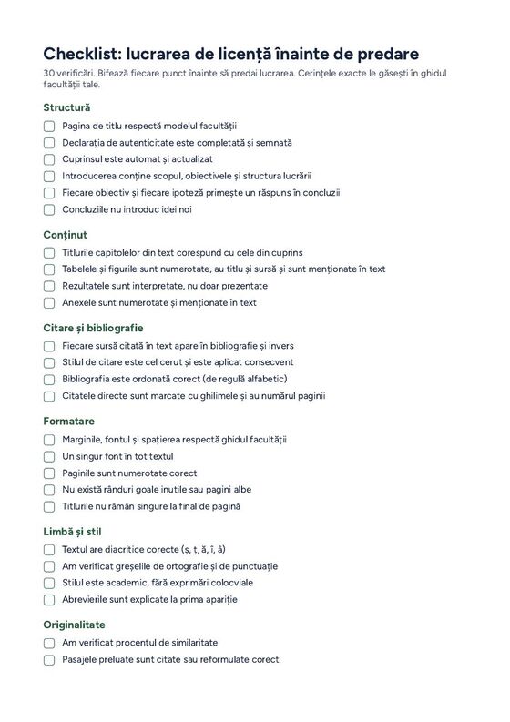 Checklist PDF pentru verificarea lucrării de licență înainte de predare