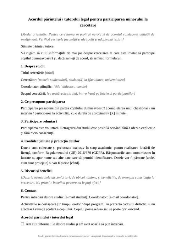 Model de acord al părinților pentru cercetarea cu minori