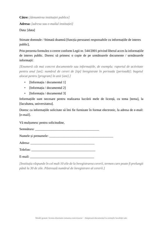 Model de cerere de informații de interes public conform Legii 544/2001
