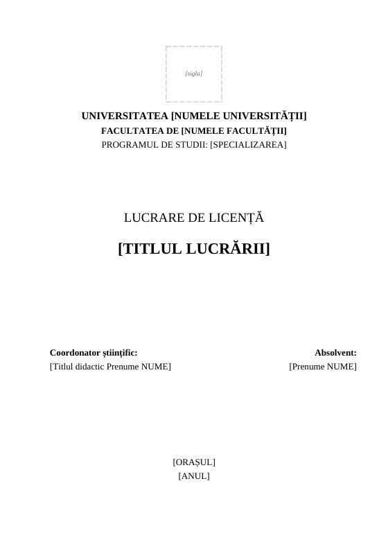 Model de copertă pentru lucrarea de licență, cu titlul lucrării și loc pentru siglă