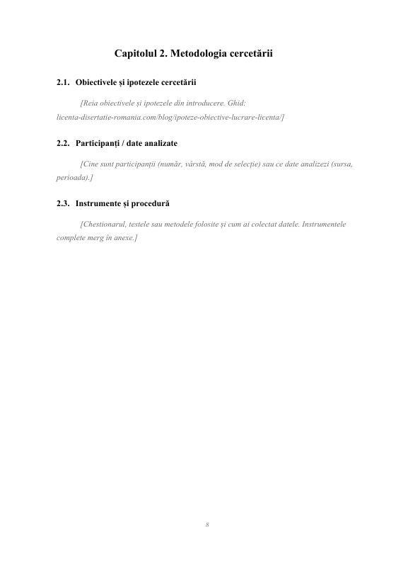 Capitolul de metodologie din modelul de disertație Word