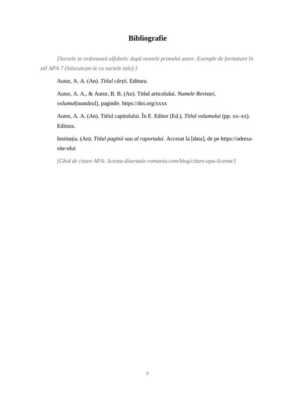 Pagina de bibliografie din modelul de licență în Word, cu surse în stil APA 7