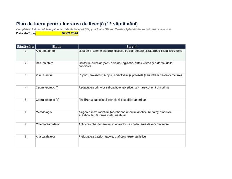 Plan de lucru pentru lucrarea de licență în Excel, pe 12 săptămâni